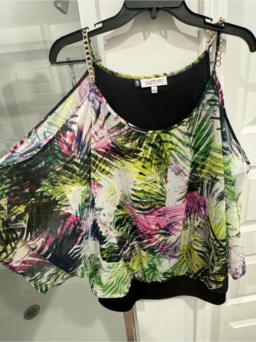 Jennifer Lopez Tropical Print Cold-Shoulder Blouse in Green/Pink